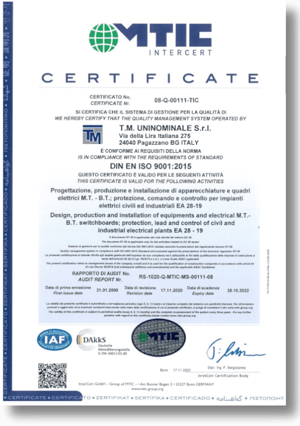 T.M. S.R.L. MTIC INTERCERT 9001:2015 Certificate
